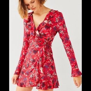 Red floral wrap mini-dress-Urban Outfitters SMALL